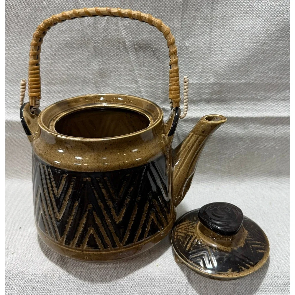 Vintage Japanese Ceramic Teapot Woven Bamboo Handle Brown Geometric MCM Japan